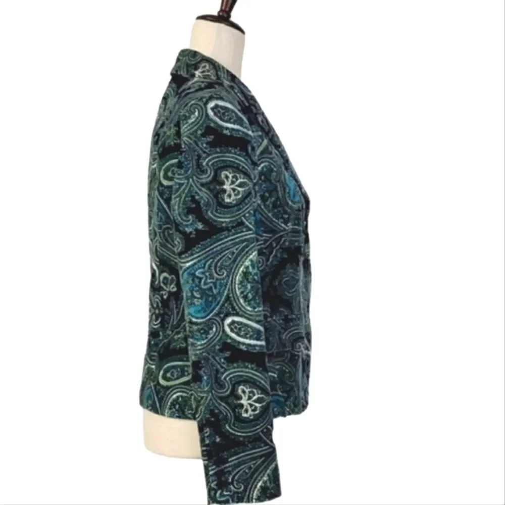 Talbots Teal Paisley Patterned Velvet Stretch Buttoned Blazer Size 4 - Picture 4 of 10